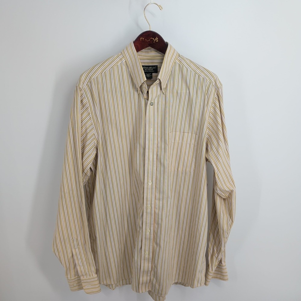 Eddie‎ Bauer Striped Wrinkle Resistant Relaxed Button Down Shirts Beige Size LT